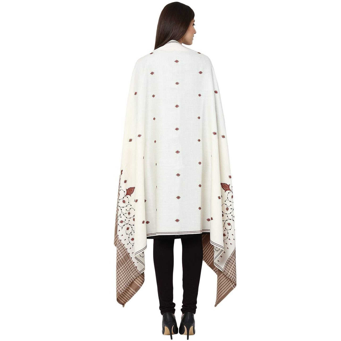 Pashtush Store Pashtush Women's embroidered Wool Shawl white with check palla