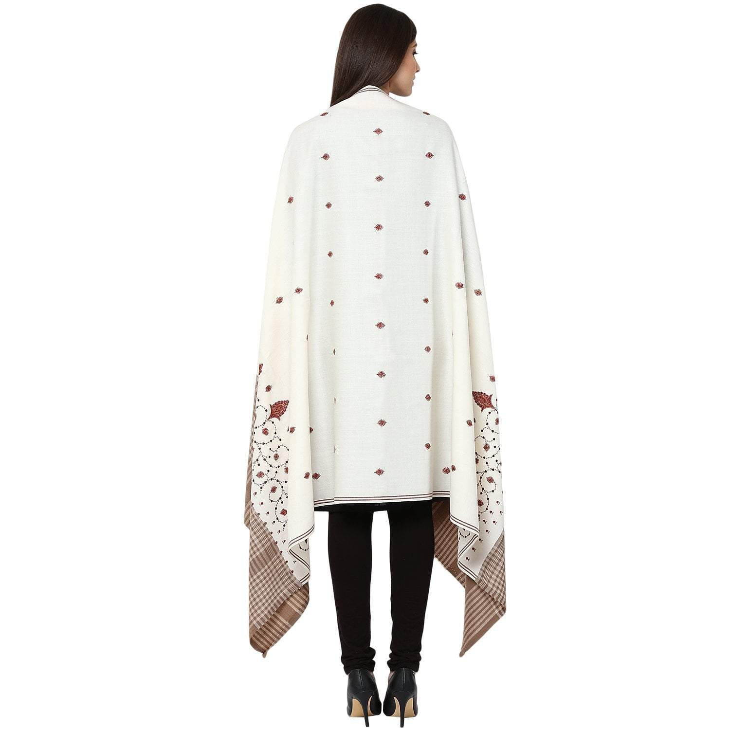 Pashtush Store Pashtush Women's embroidered Wool Shawl white with check palla