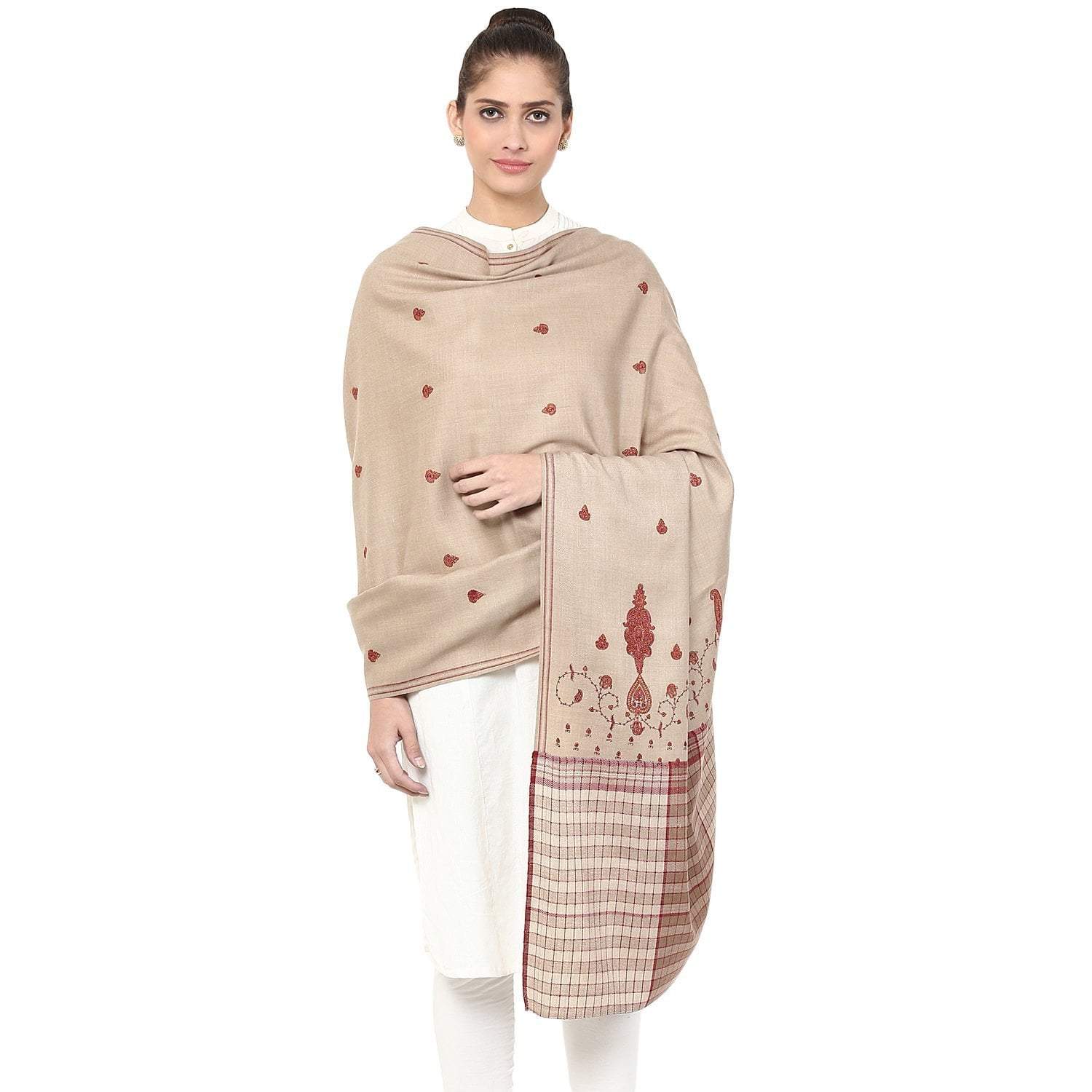 Pashtush Store Pashtush Women's Embroidered Wool Shawl with check shaded palla