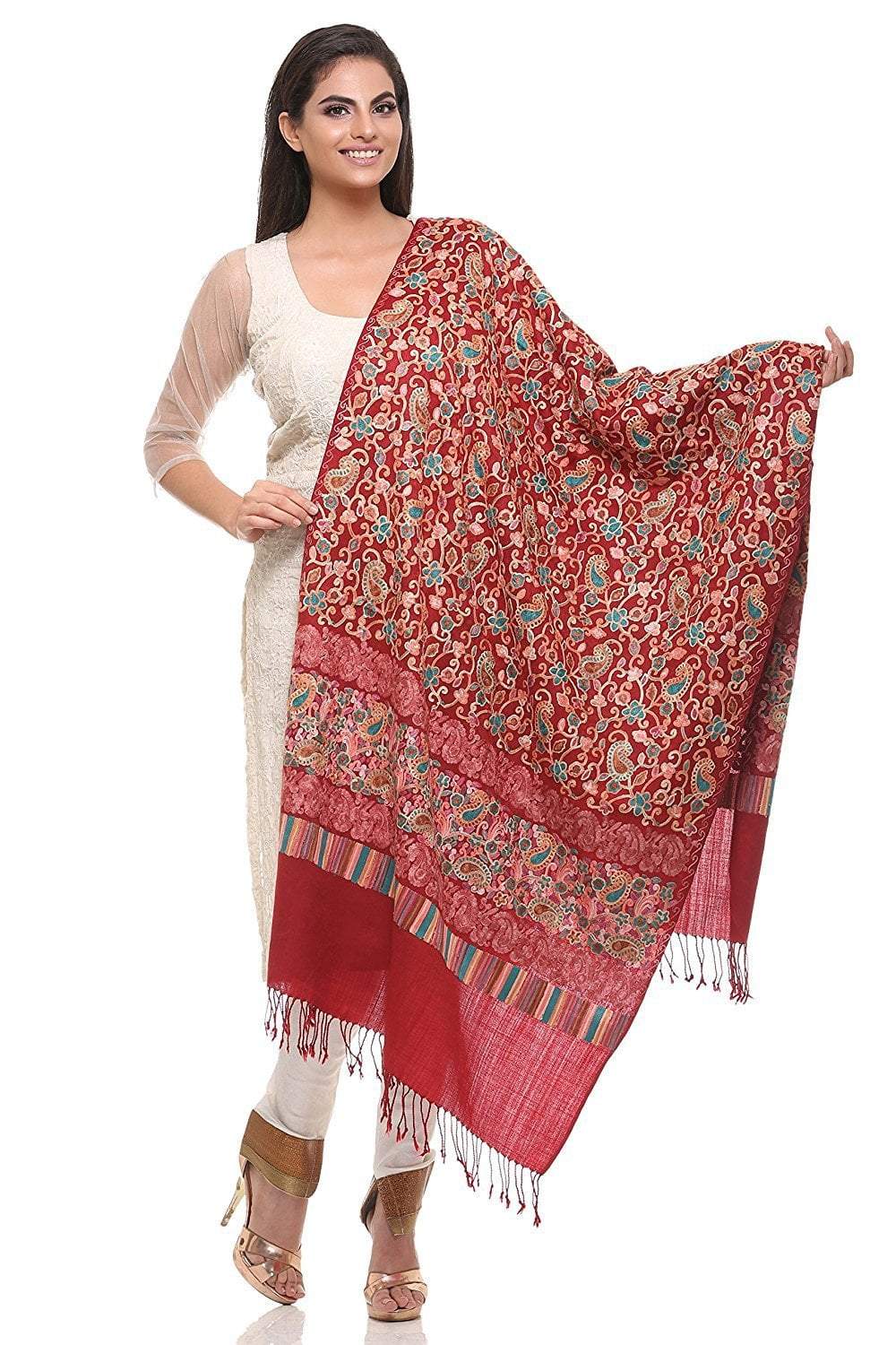 Pashtush Store Pashtush Womens Aari Embroidery Pashmina Jaal Stole, (crimson)