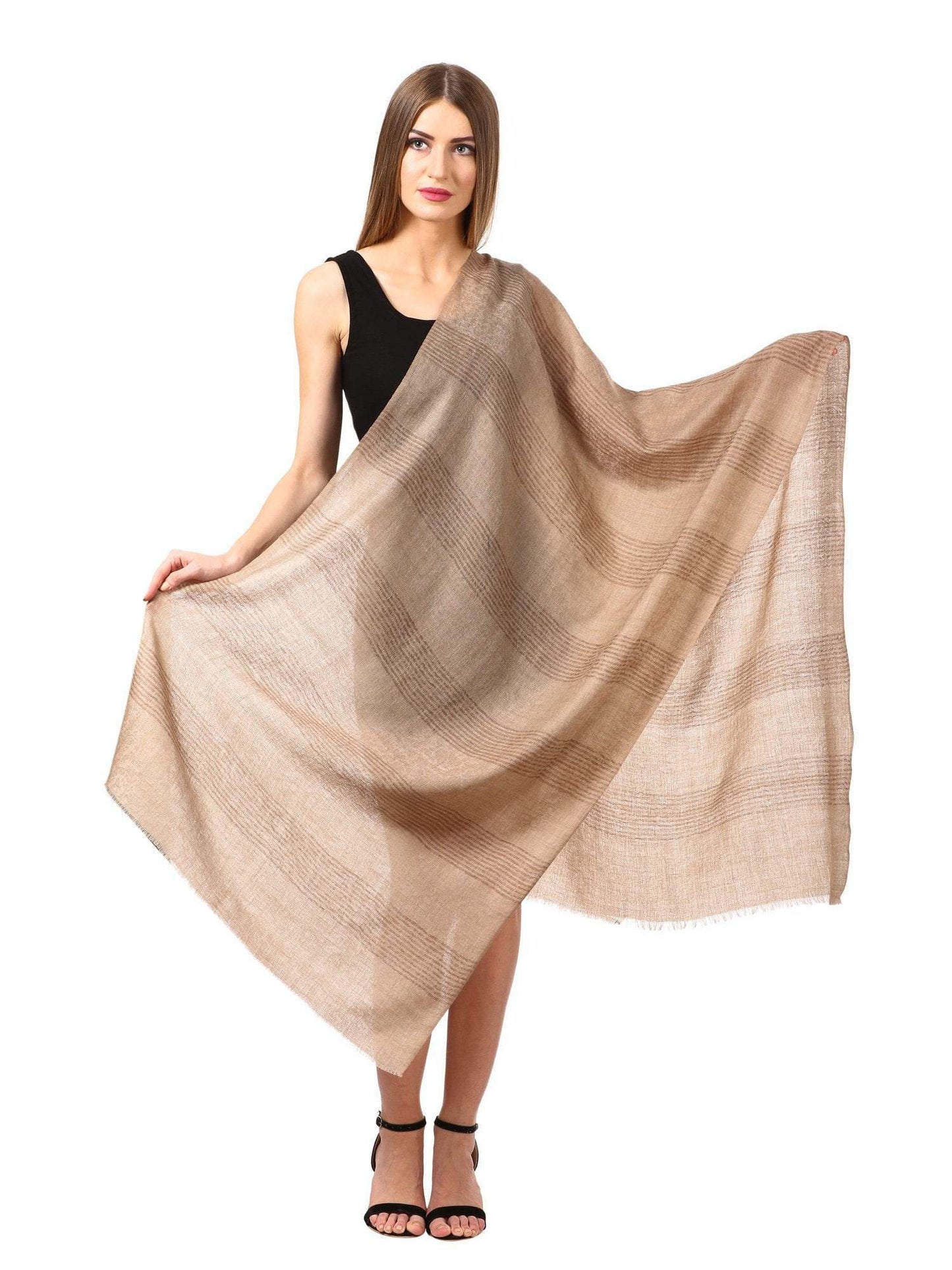 Pashtush Store Scarf Women's Reversible Stole, with Stripes, Wool Pashmina (Neutral)