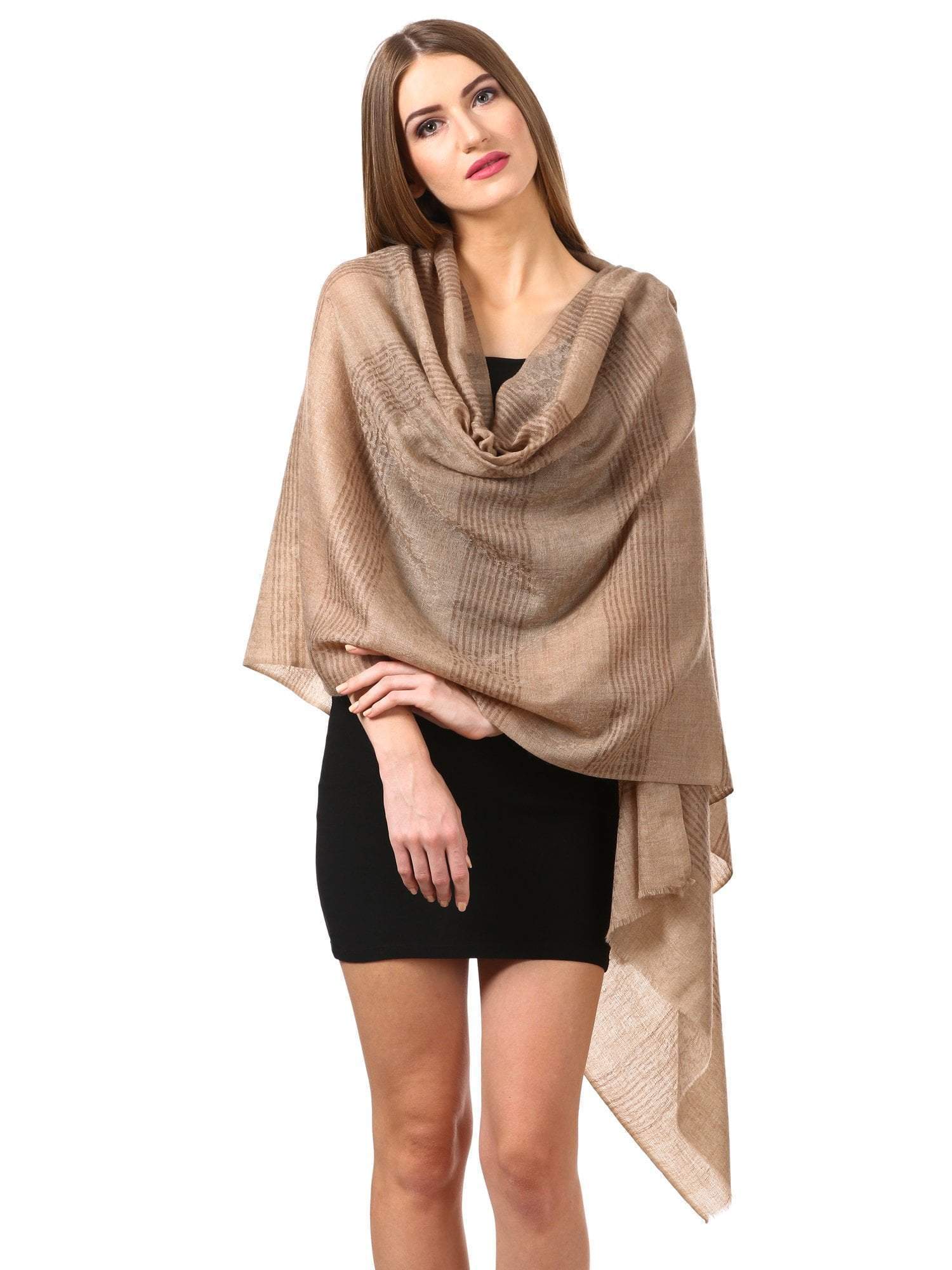 Pashtush Store Scarf Women's Reversible Stole, with Stripes, Wool Pashmina (Neutral)