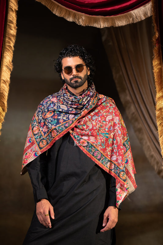 Pashtush Mens Extra Fine Wool Stole, Paisley Embroidery Design, Multicolour