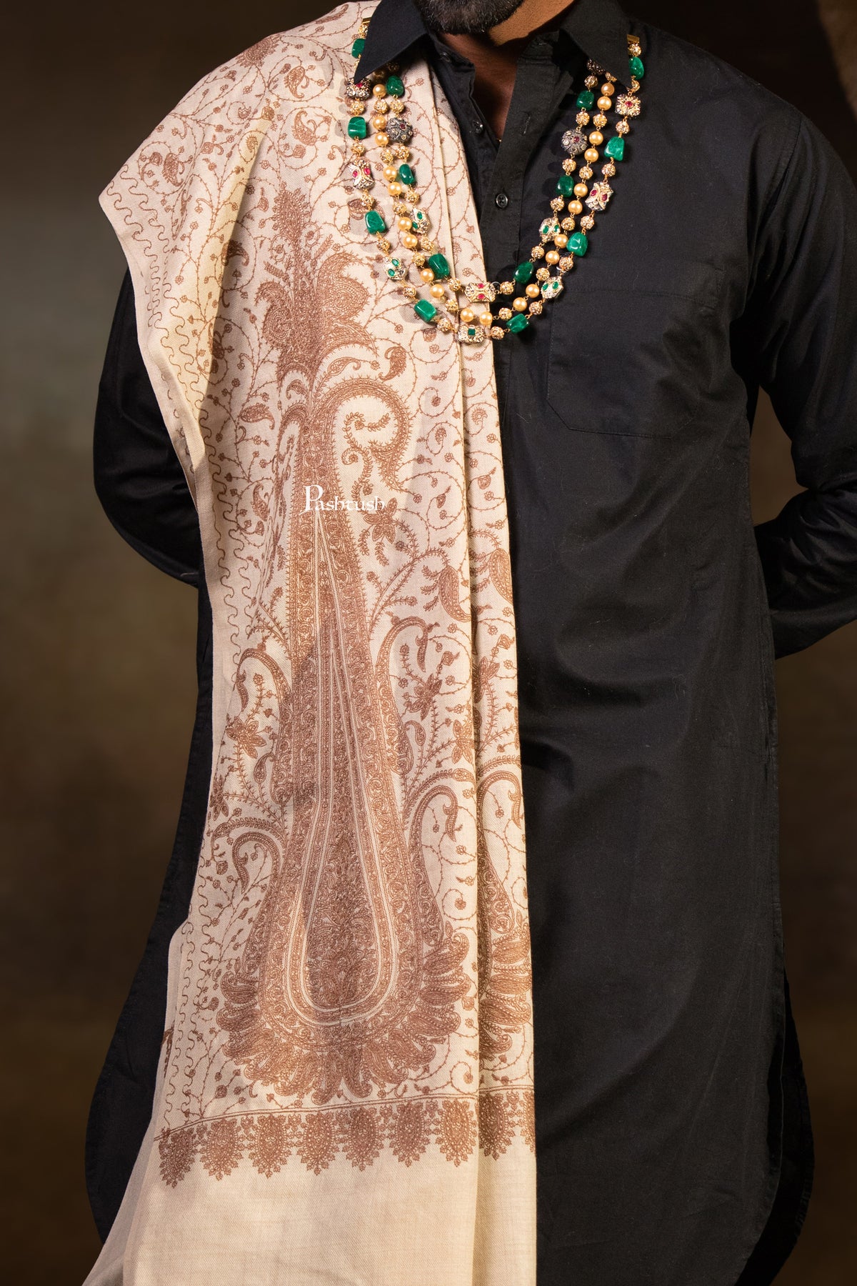 Pashtush Mens Extra Fine Wool Shawl, Tone Tone Embrodiery Design, Beige