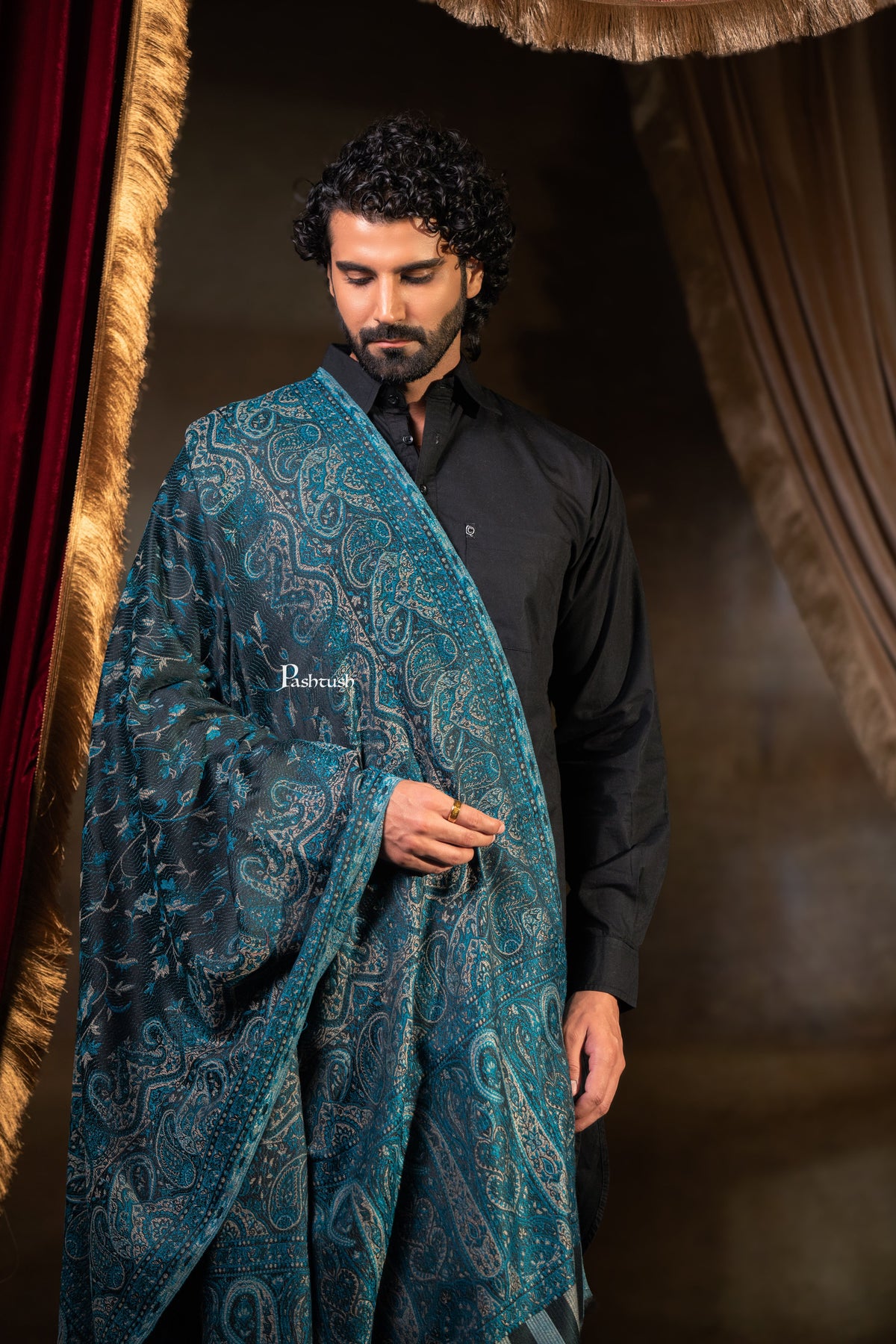 Pashtush Mens Faux Pashmina Stole, Paisley Weave Design, Blue