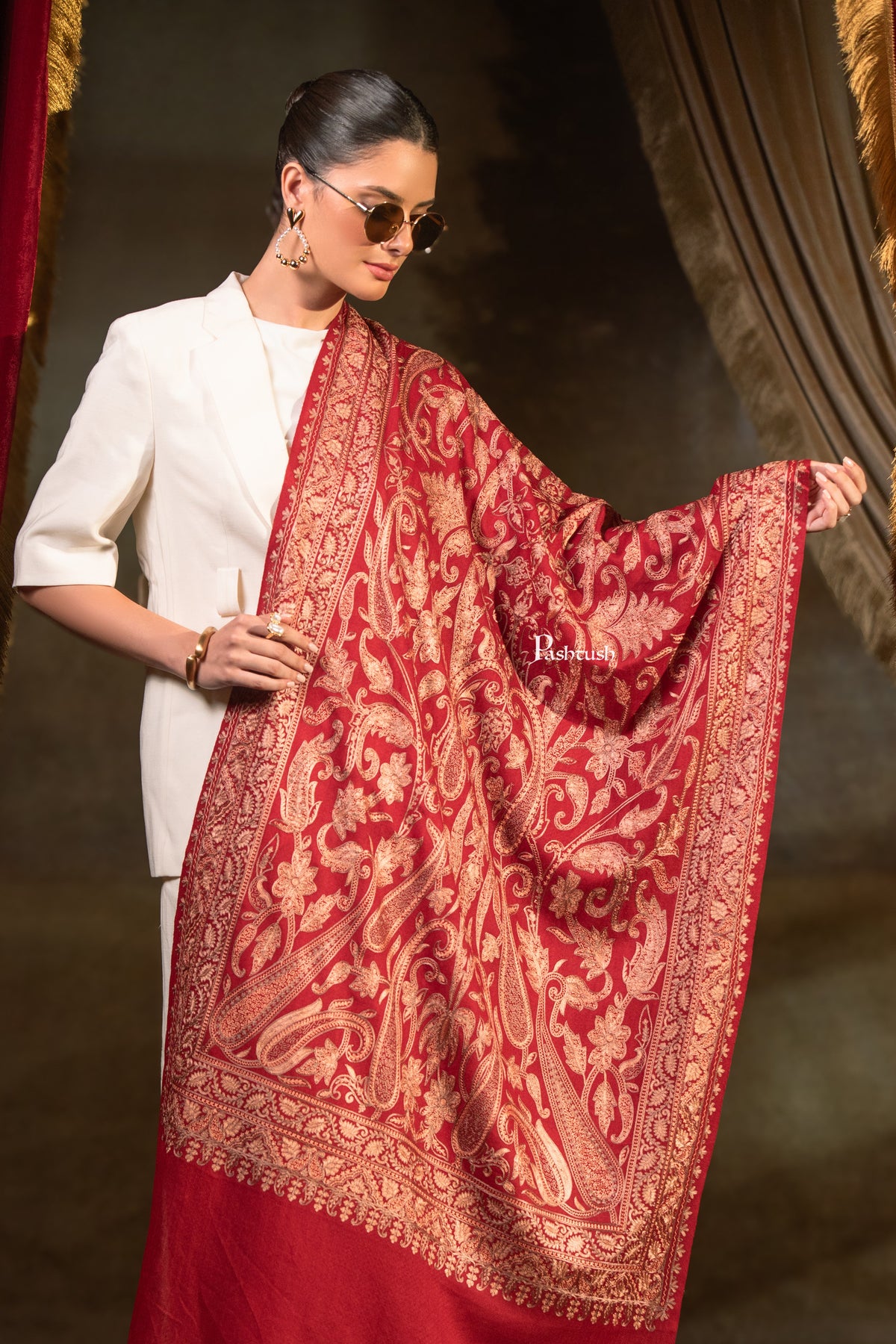 Pashtush Womens Extra Fine Wool Stole, Paisley Embroidery Design, Maroon