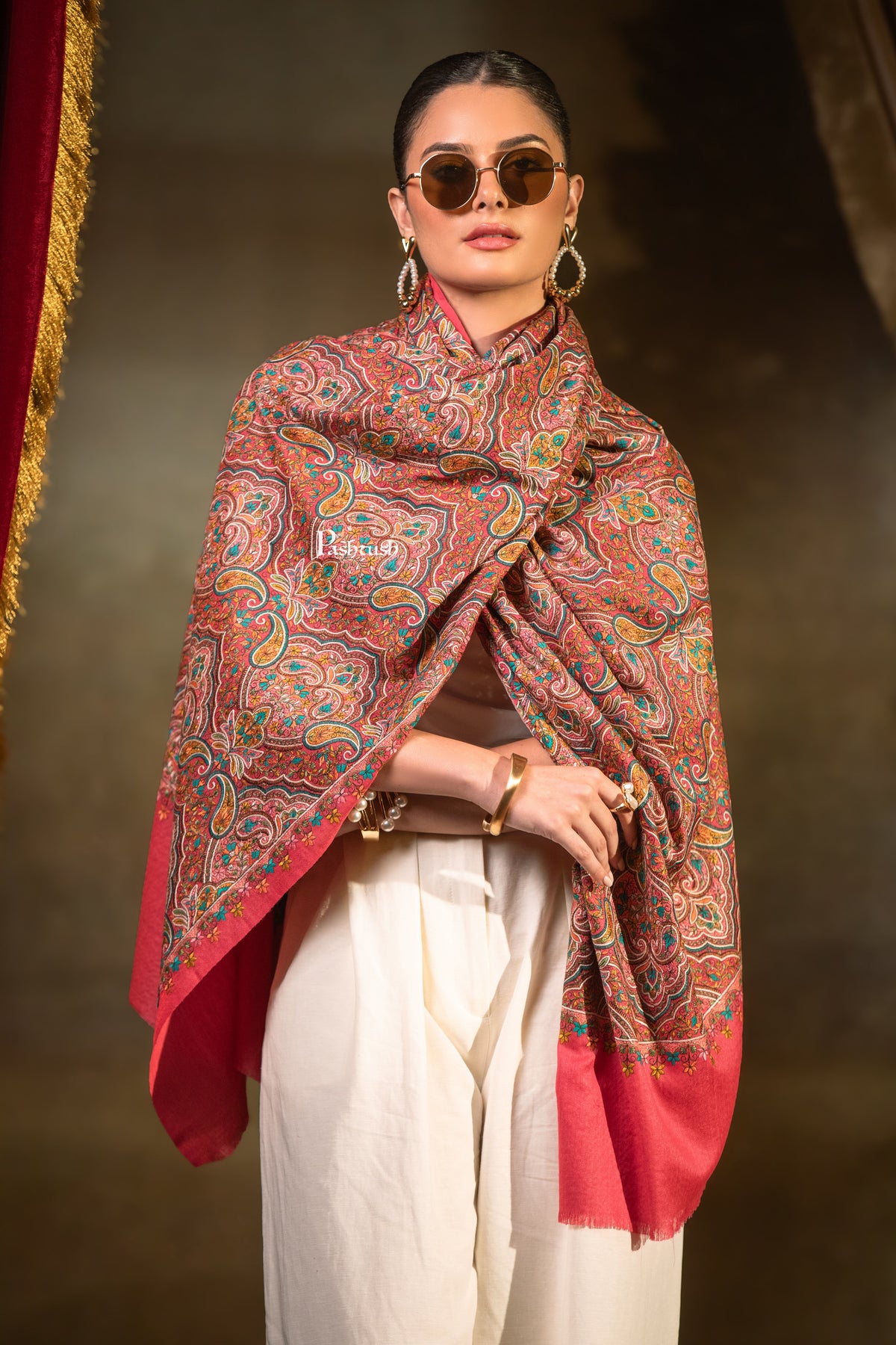 Pashtush Womens Extra Fine Wool Shawl, Paisley Embroidery Design, Dark Pink