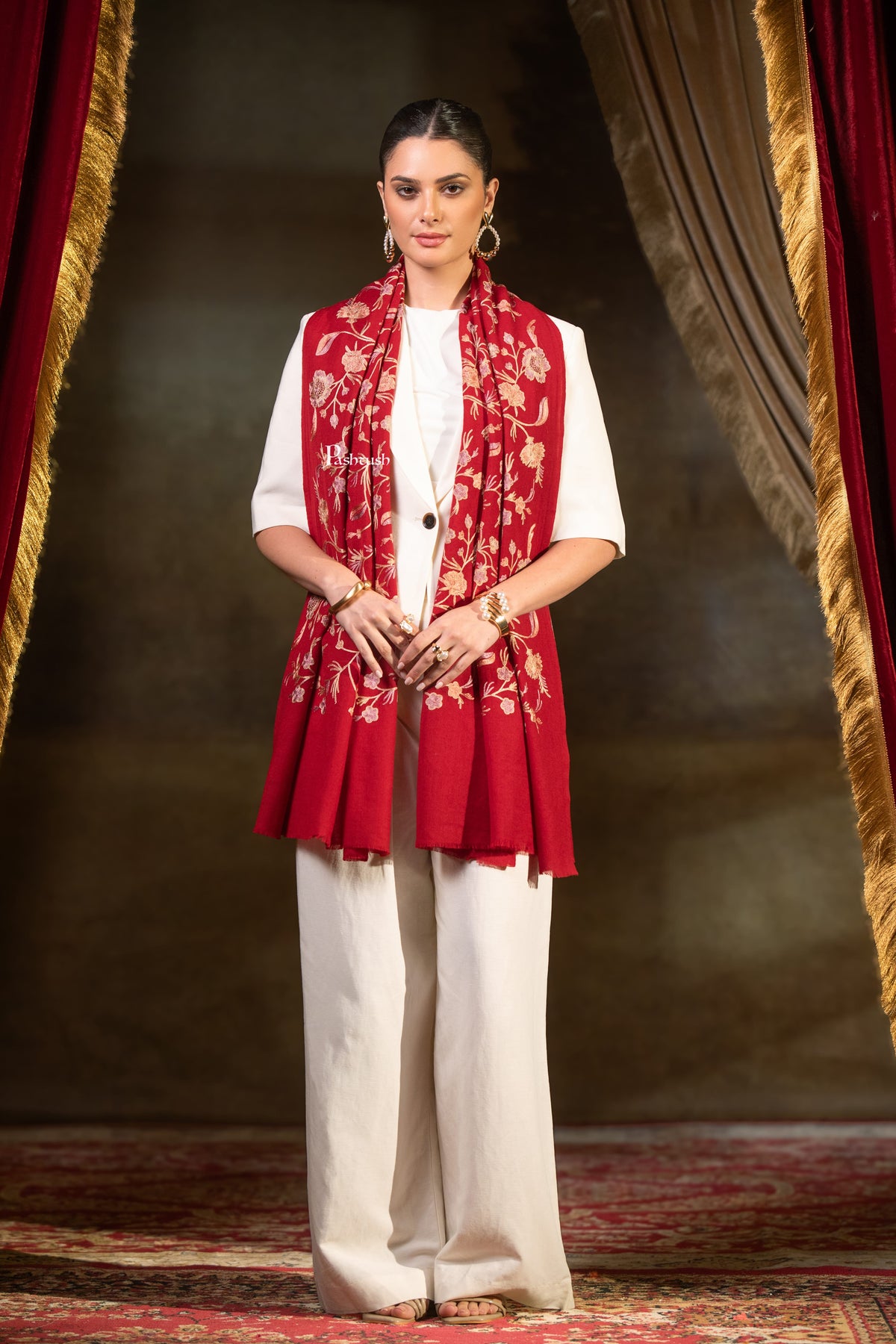 Pashtush Womens Extra Fine Wool Stole, Floral Embroidery Design, Maroon