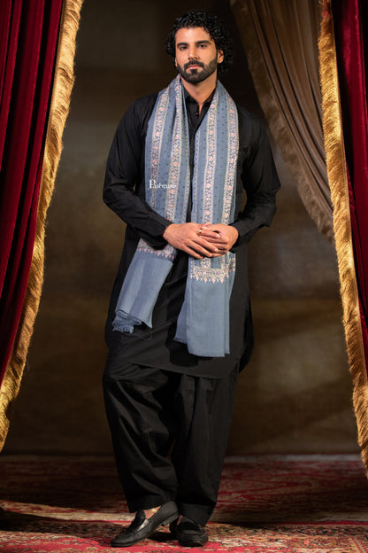 Pashtush Mens Stole, Silk Wool Fine Embroidery, Grey