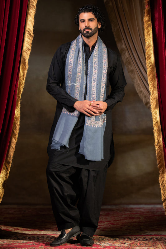 Pashtush Mens Stole, Silk Wool Fine Embroidery, Grey