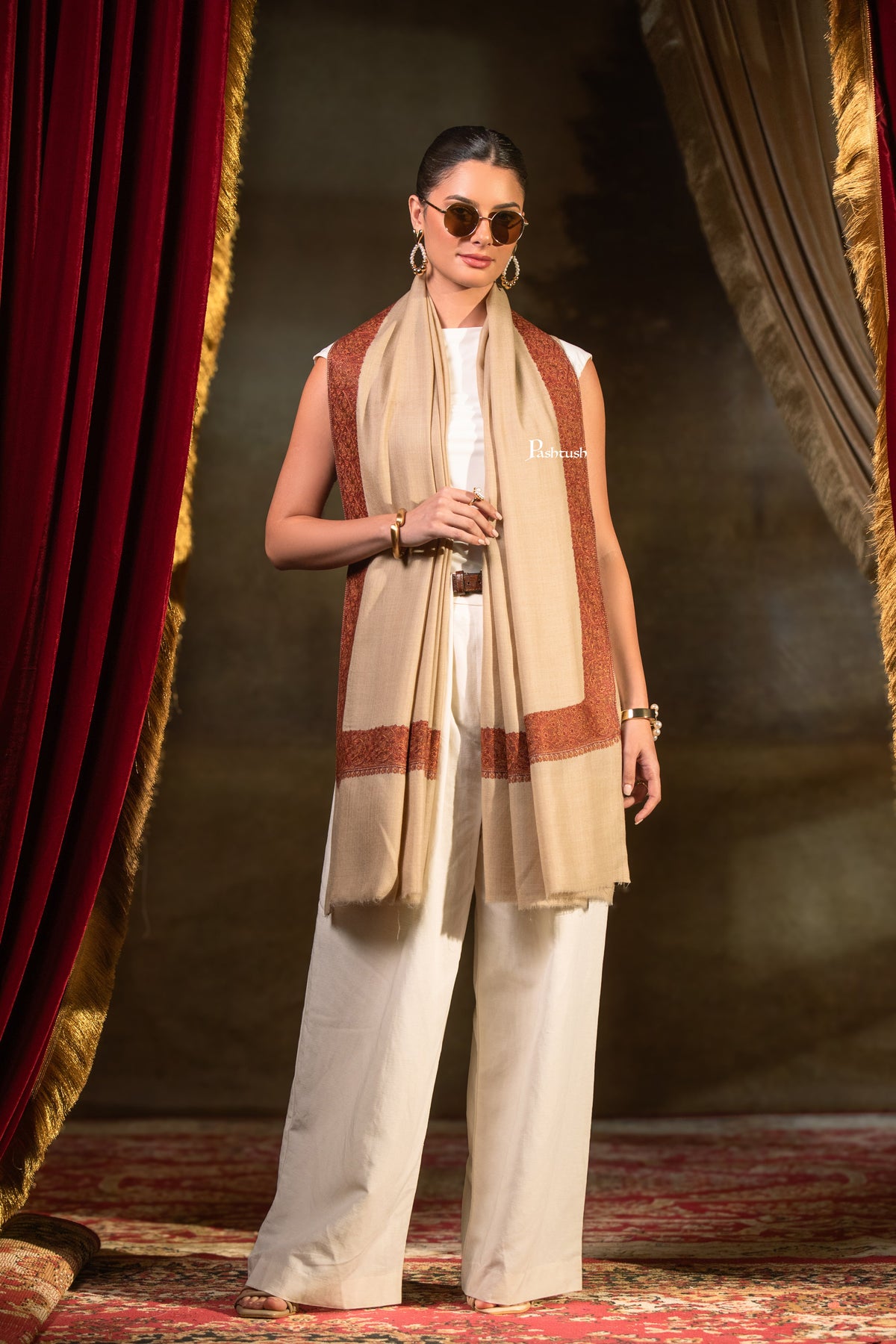 Pashtush Womens Extra Fine Wool Shawl, Double Daur Design, Beige