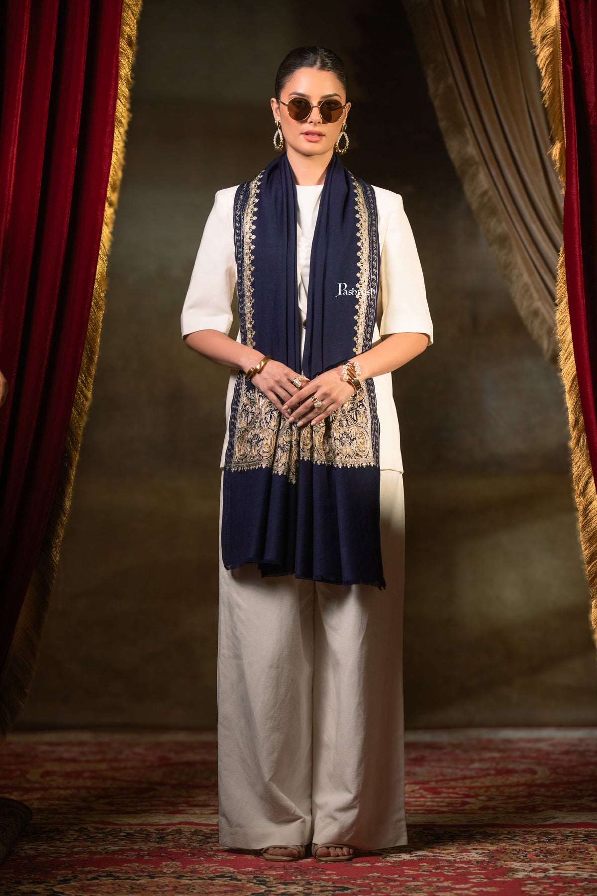 Pashtush Womens Extra Fine Wool Stole, Tilla Embroidery Work, Navy Blue
