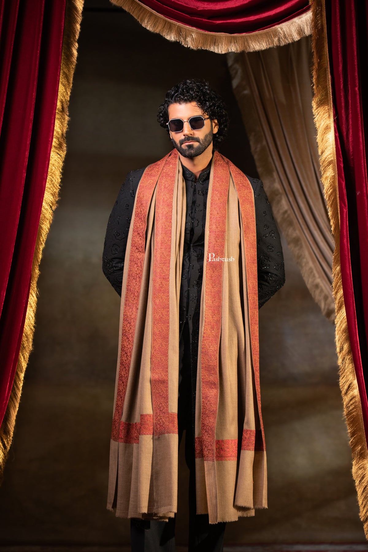Pashtush Mens Fine Wool Shawl, Border Design with Tilla Embroidery, Taupe