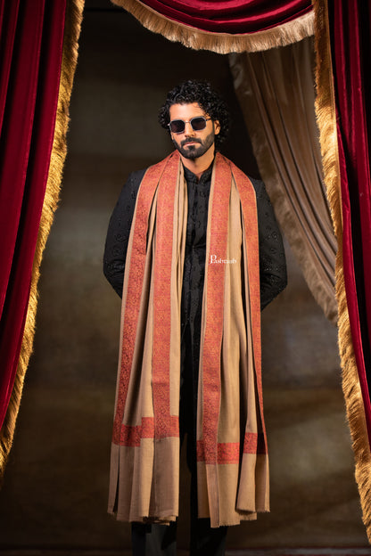 Pashtush Mens Fine Wool Shawl, Border Design with Tilla Embroidery, Taupe