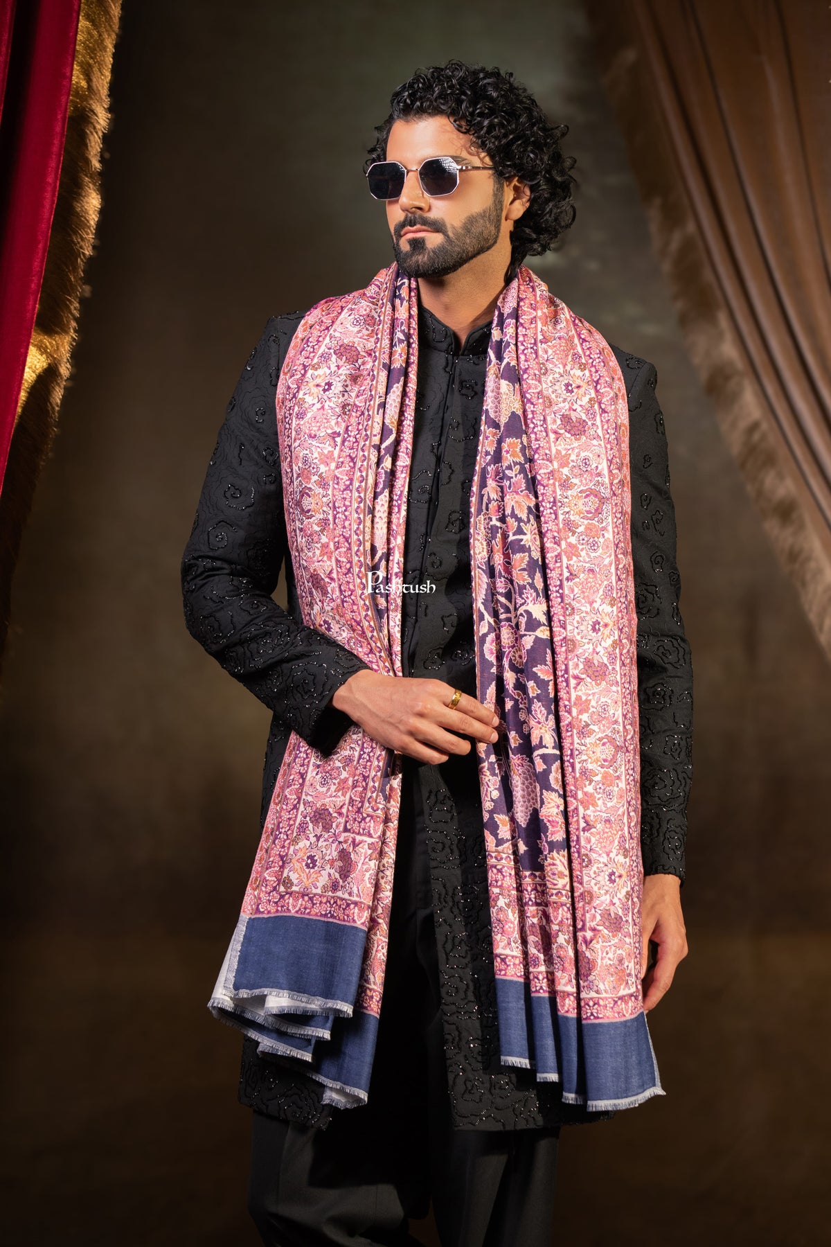 Pashtush Mens Faux Pashmina Stole, Floral Design, Navy Blue