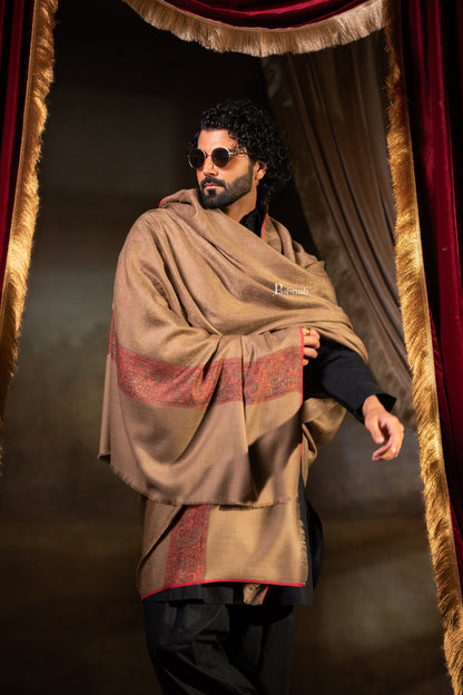Pashtush Mens Extra Fine Wool Shawl, Ambi Border Design, Taupe