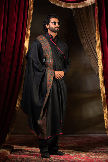 Pashtush Mens Extra Fine Wool Shawl, Ambi Border Design, Black