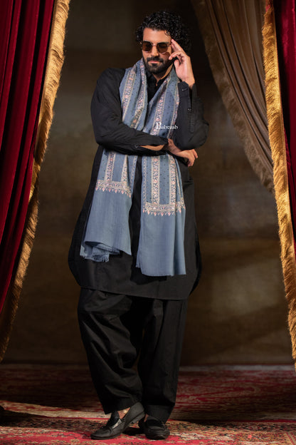 Pashtush Mens Stole, Silk Wool Fine Embroidery, Grey
