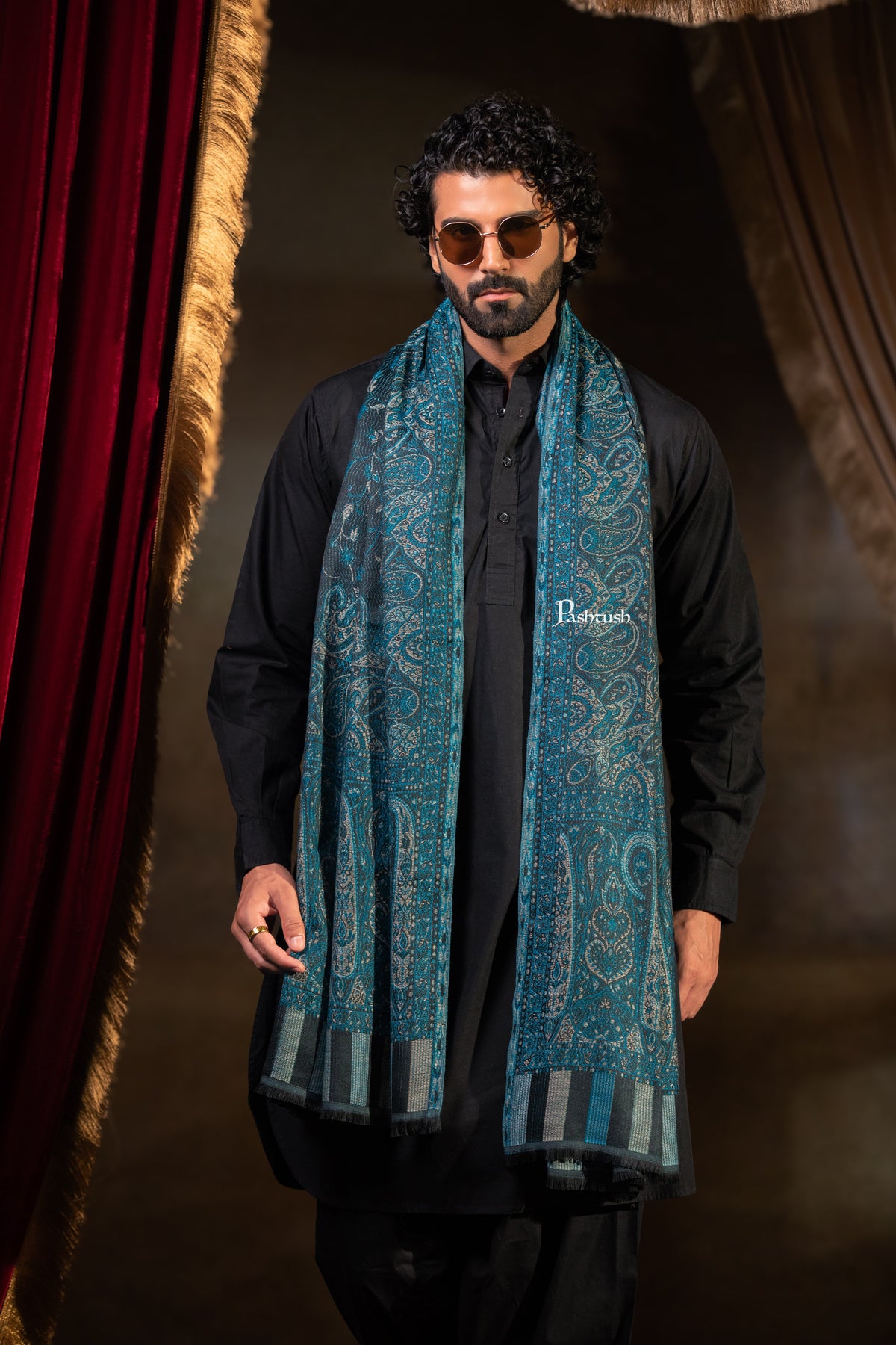Pashtush Mens Faux Pashmina Stole, Paisley Weave Design, Blue