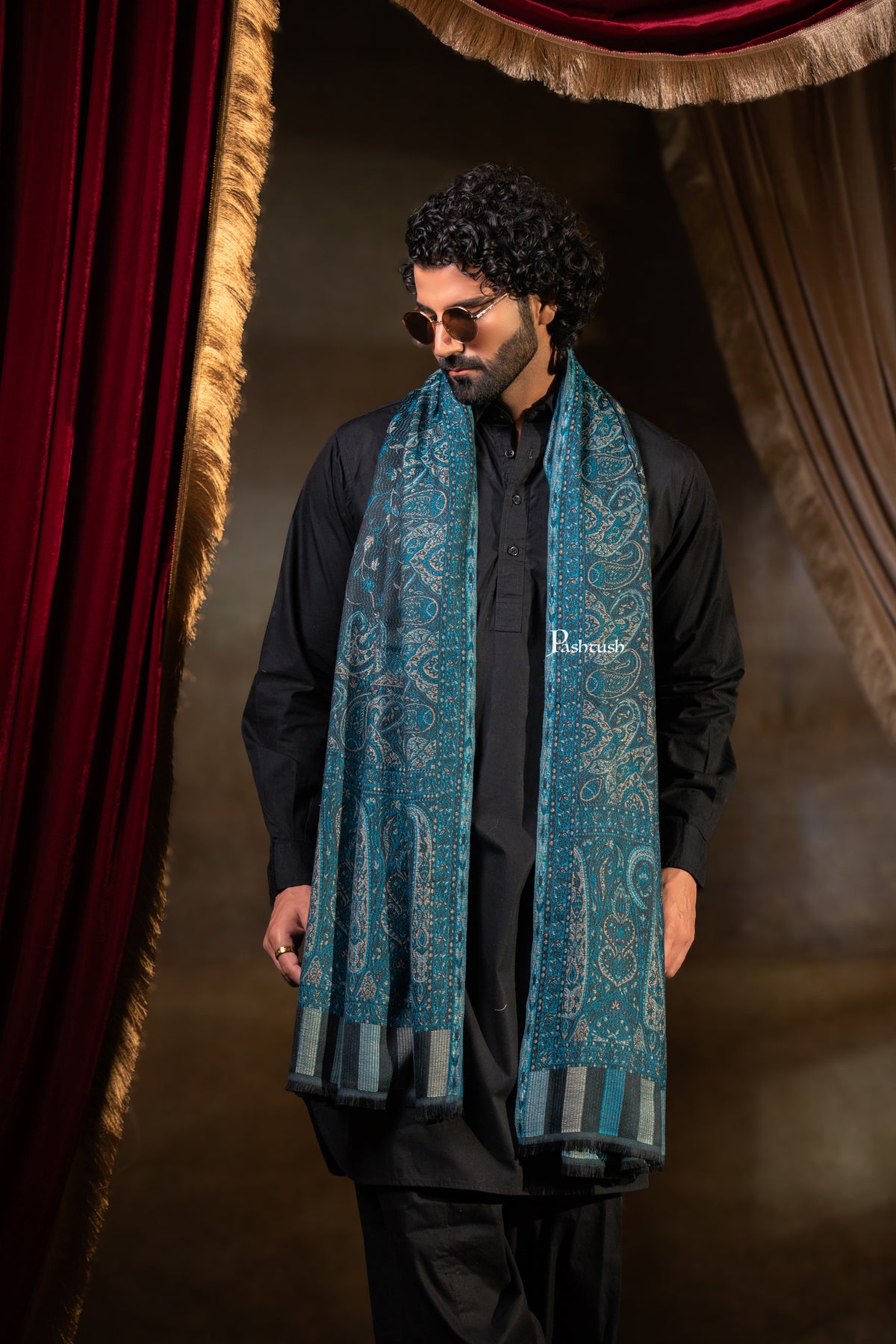 Pashtush Mens Faux Pashmina Stole, Paisley Weave Design, Blue