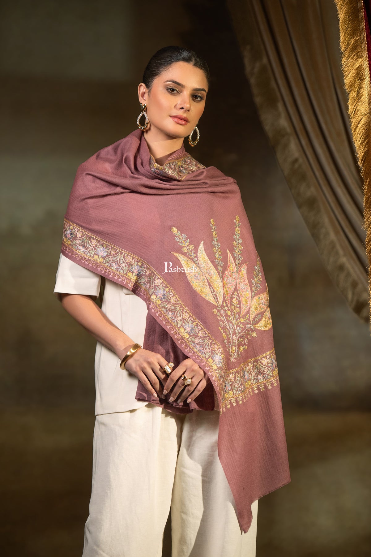 Pashtush Womens Extra Fine Wool Stole, Floral Embroidery Design, Peel Lilac