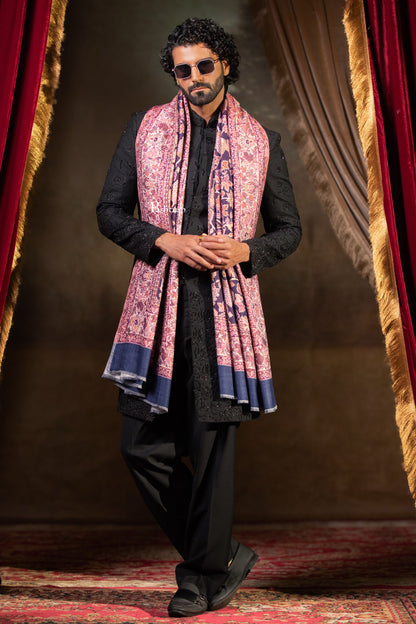 Pashtush Mens Faux Pashmina Stole, Floral Design, Navy Blue