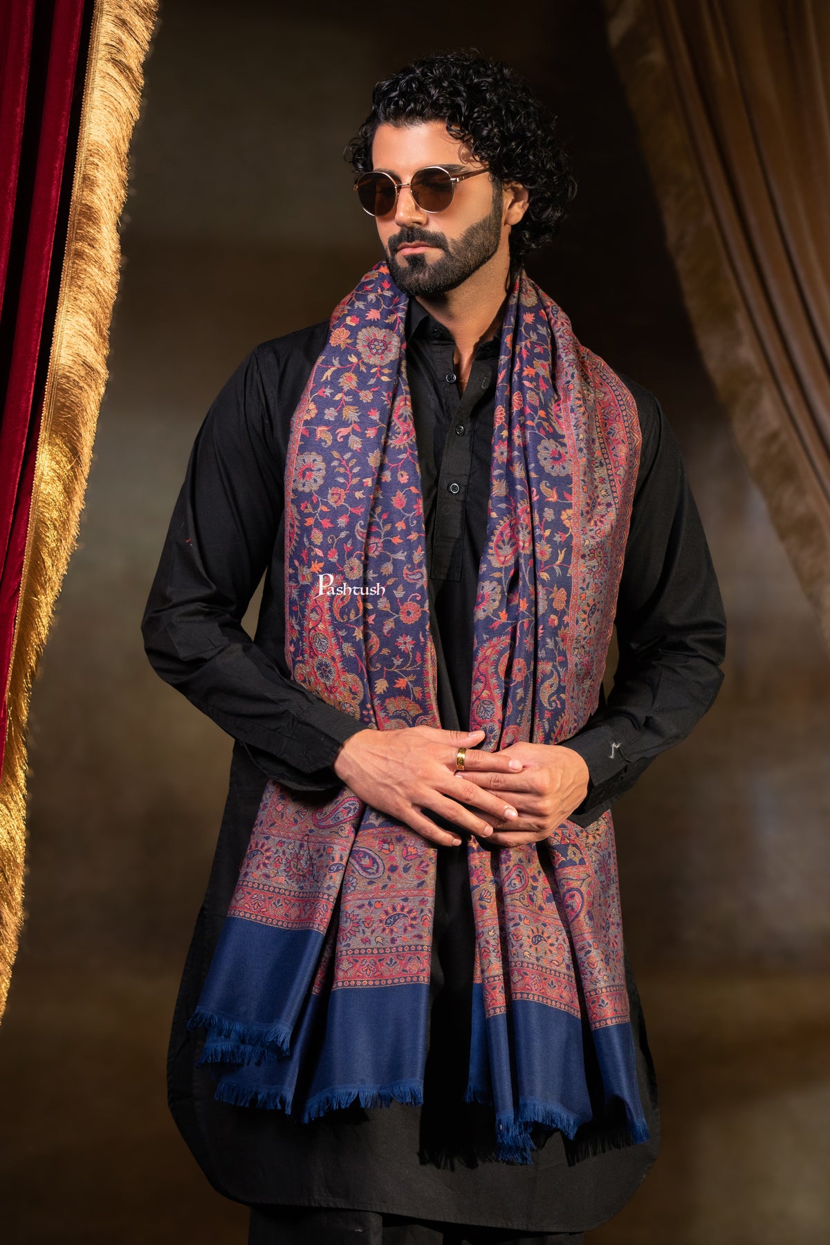 Pashtush Mens Faux Pashmina Stole, Paisley Weave Design, Blue